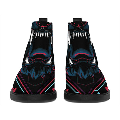Dark Geometric Wolf Print Flat Ankle Boots