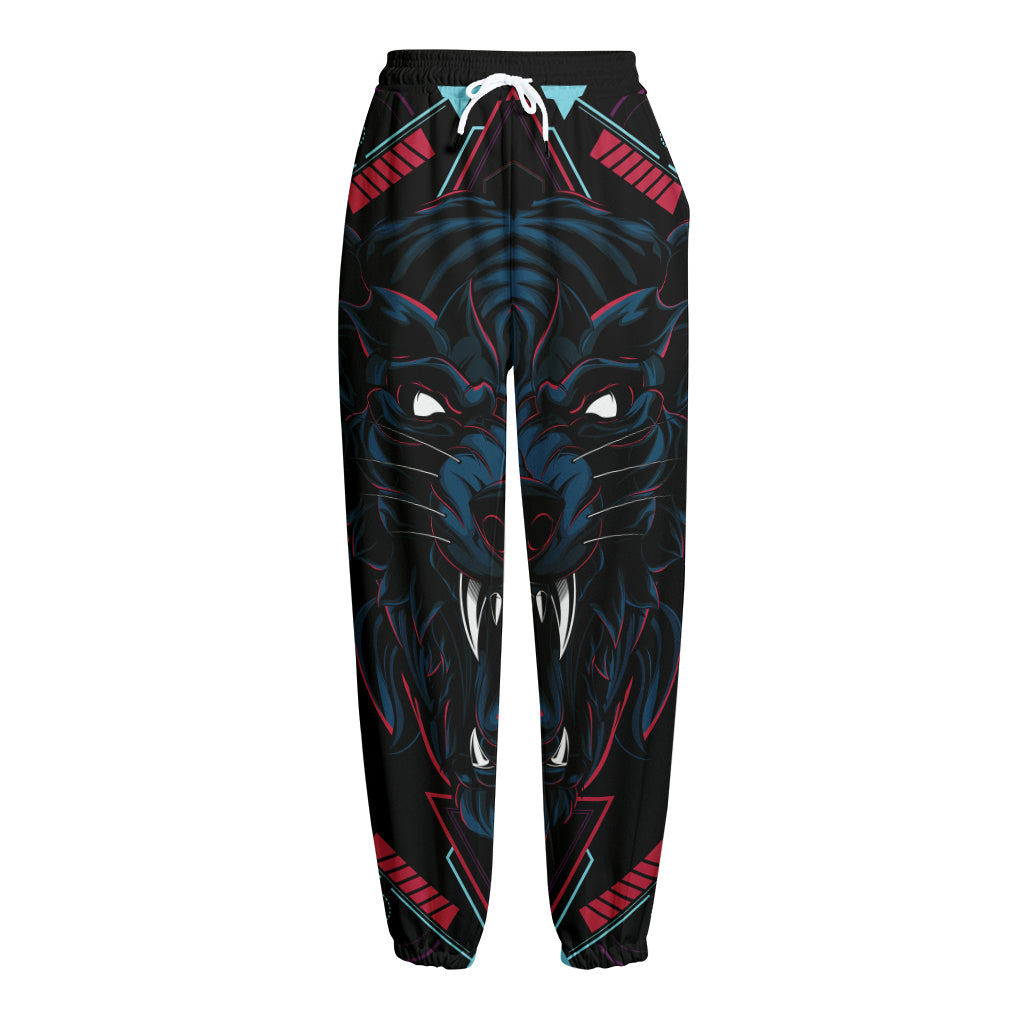 Dark Geometric Wolf Print Fleece Lined Knit Pants