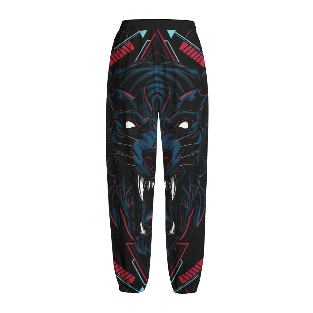 Dark Geometric Wolf Print Fleece Lined Knit Pants