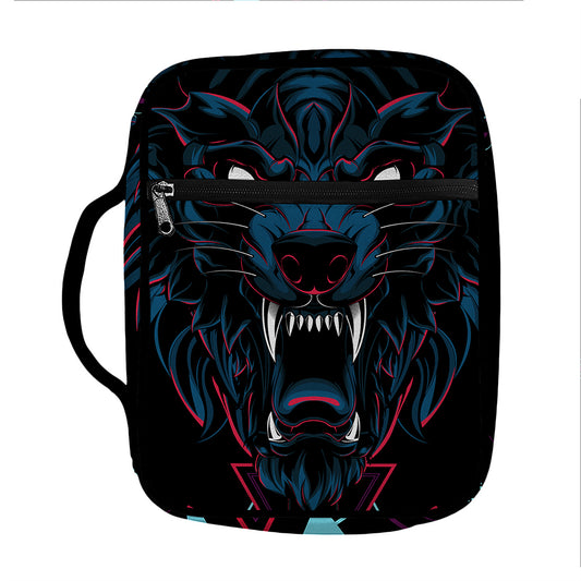 Dark Geometric Wolf Print Front Pocket Bible Bag
