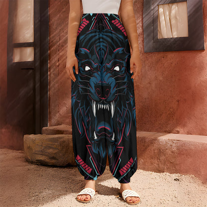 Dark Geometric Wolf Print Harem Pants