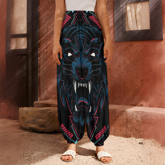 Dark Geometric Wolf Print Harem Pants