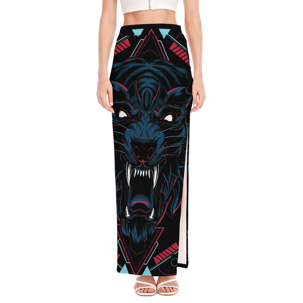 Dark Geometric Wolf Print High Slit Maxi Skirt