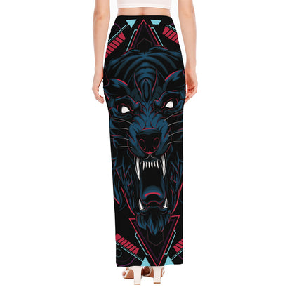 Dark Geometric Wolf Print High Slit Maxi Skirt