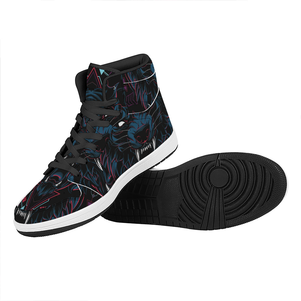 Dark Geometric Wolf Print High Top Leather Sneakers