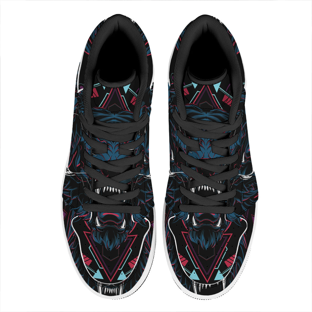 Dark Geometric Wolf Print High Top Leather Sneakers