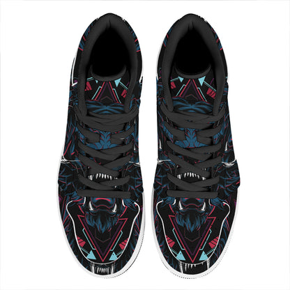 Dark Geometric Wolf Print High Top Leather Sneakers