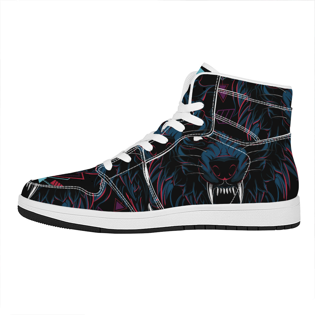 Dark Geometric Wolf Print High Top Leather Sneakers