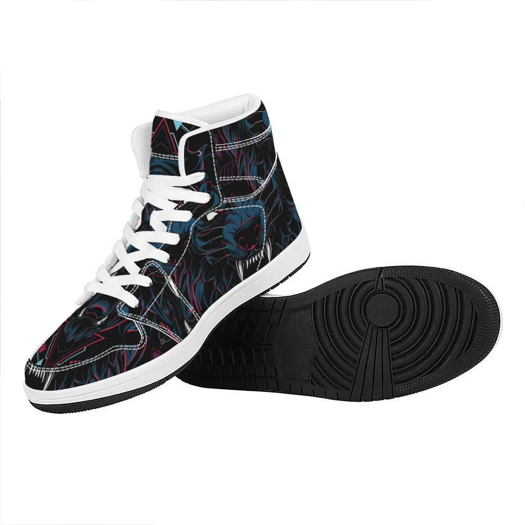 Dark Geometric Wolf Print High Top Leather Sneakers