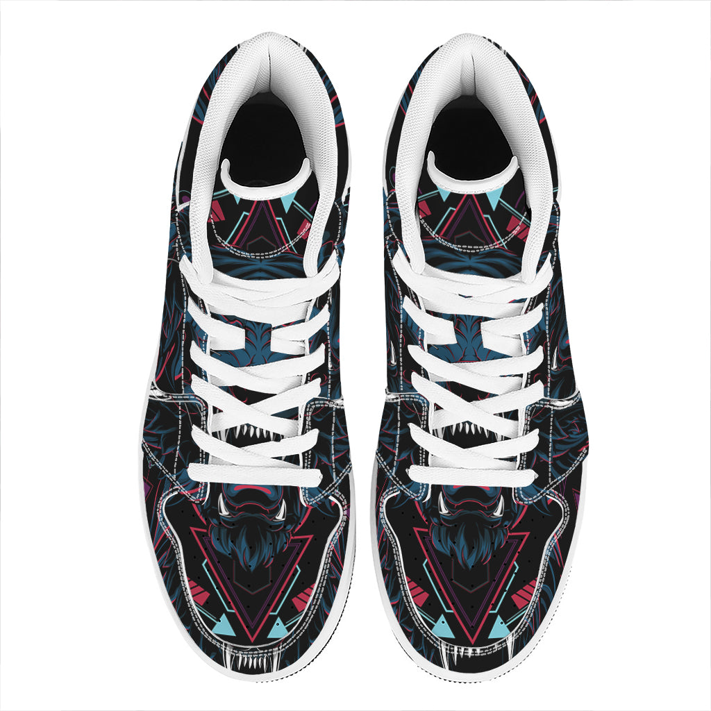 Dark Geometric Wolf Print High Top Leather Sneakers