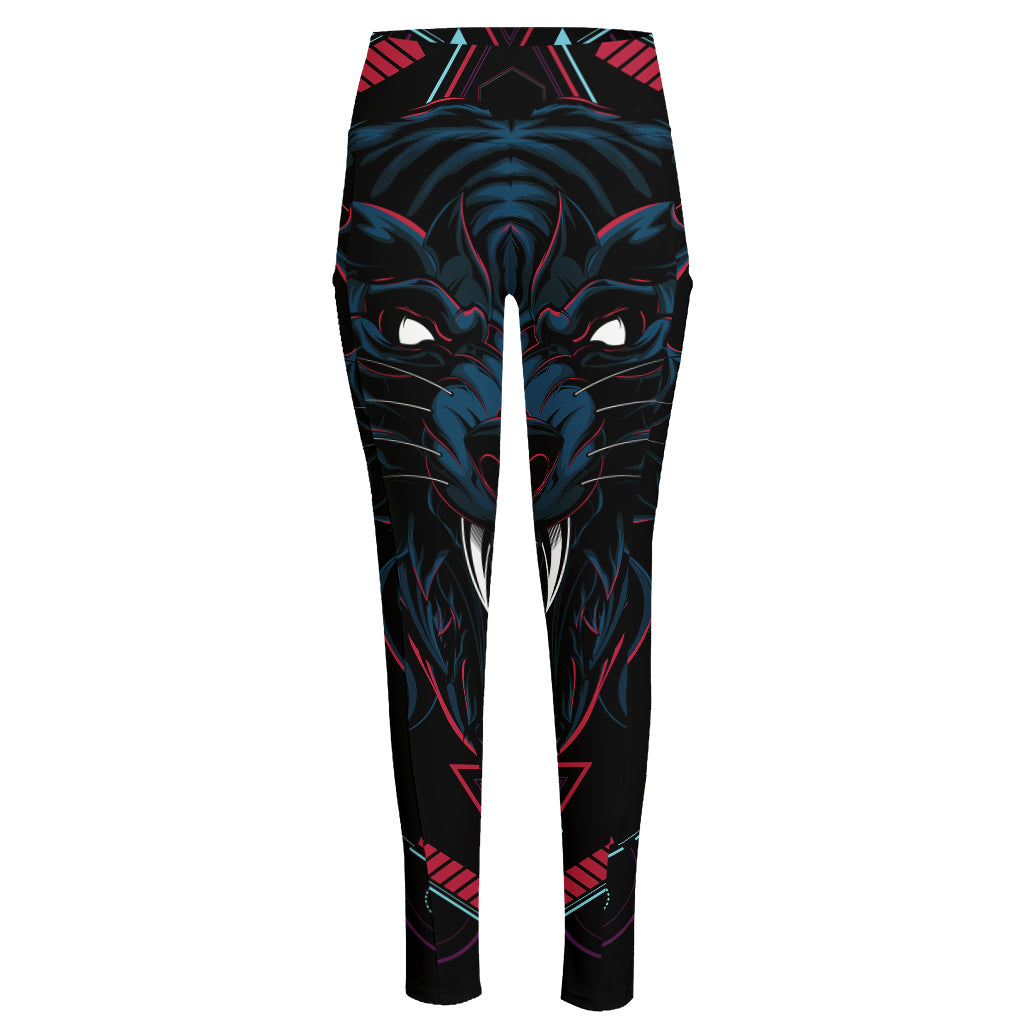 Dark Geometric Wolf Print High-Waisted Pocket Leggings