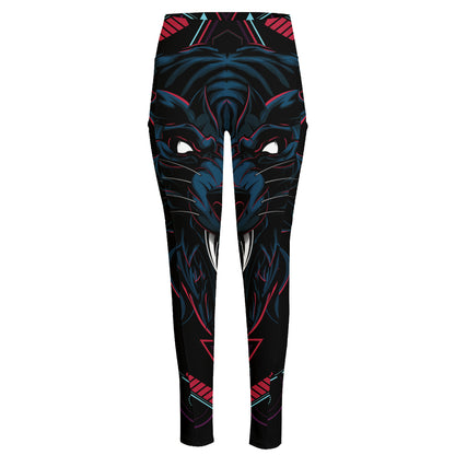 Dark Geometric Wolf Print High-Waisted Pocket Leggings