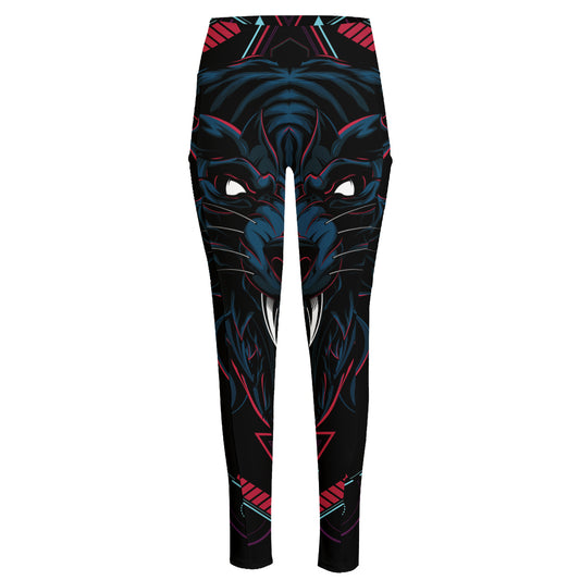 Dark Geometric Wolf Print High-Waisted Pocket Leggings