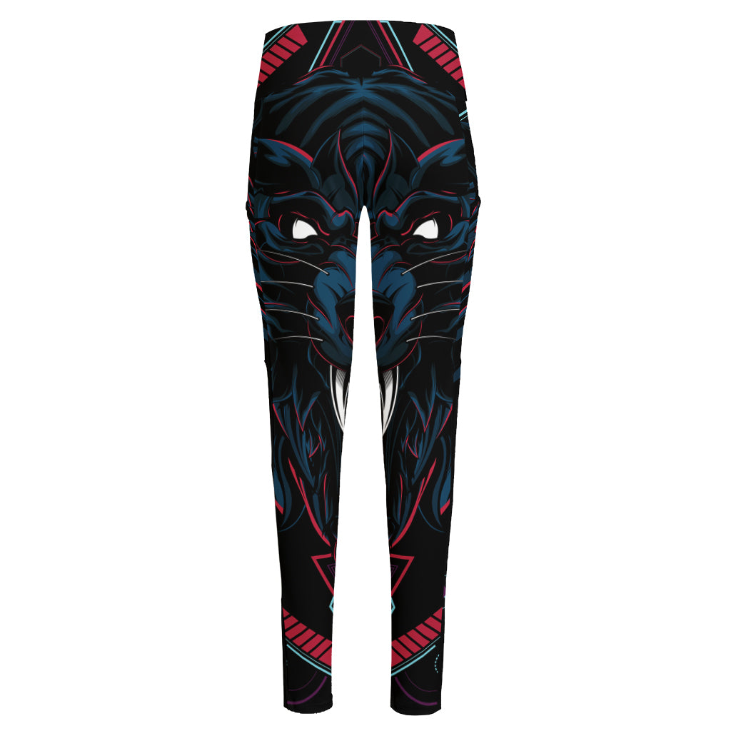 Dark Geometric Wolf Print High-Waisted Pocket Leggings
