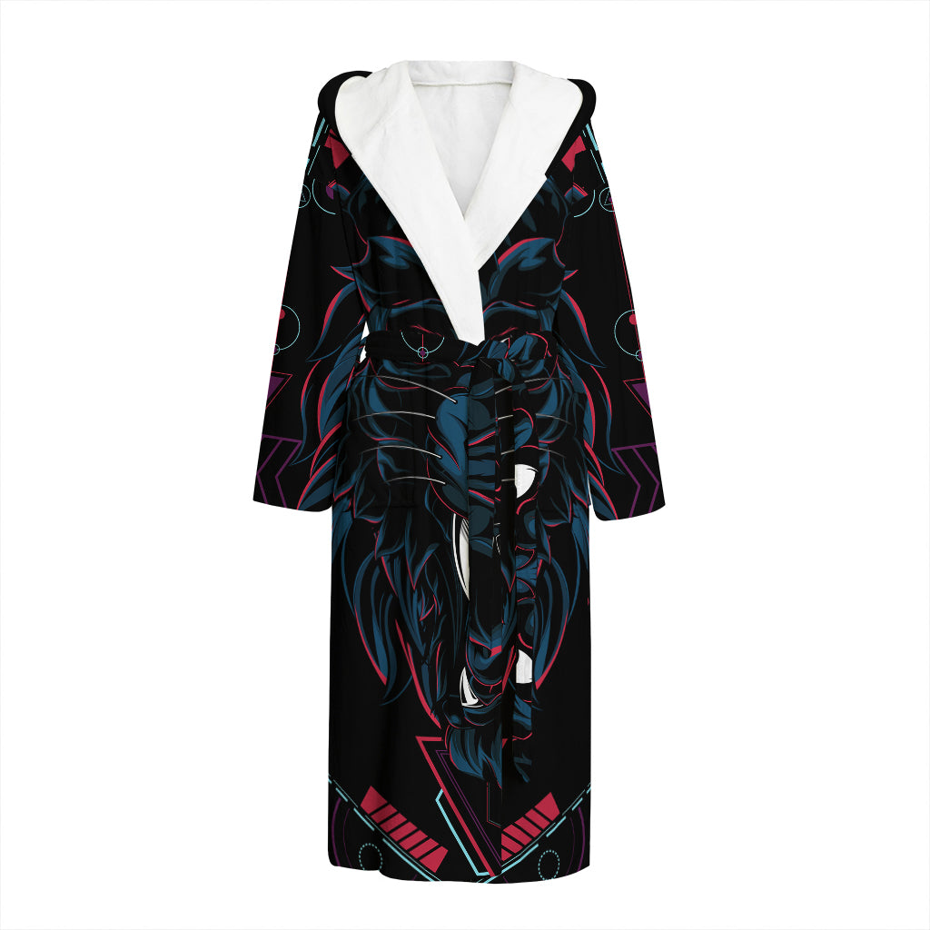 Dark Geometric Wolf Print Hooded Bathrobe