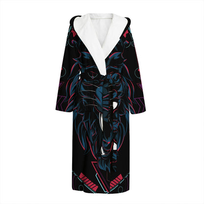 Dark Geometric Wolf Print Hooded Bathrobe