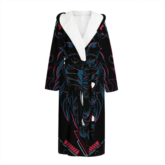 Dark Geometric Wolf Print Hooded Bathrobe