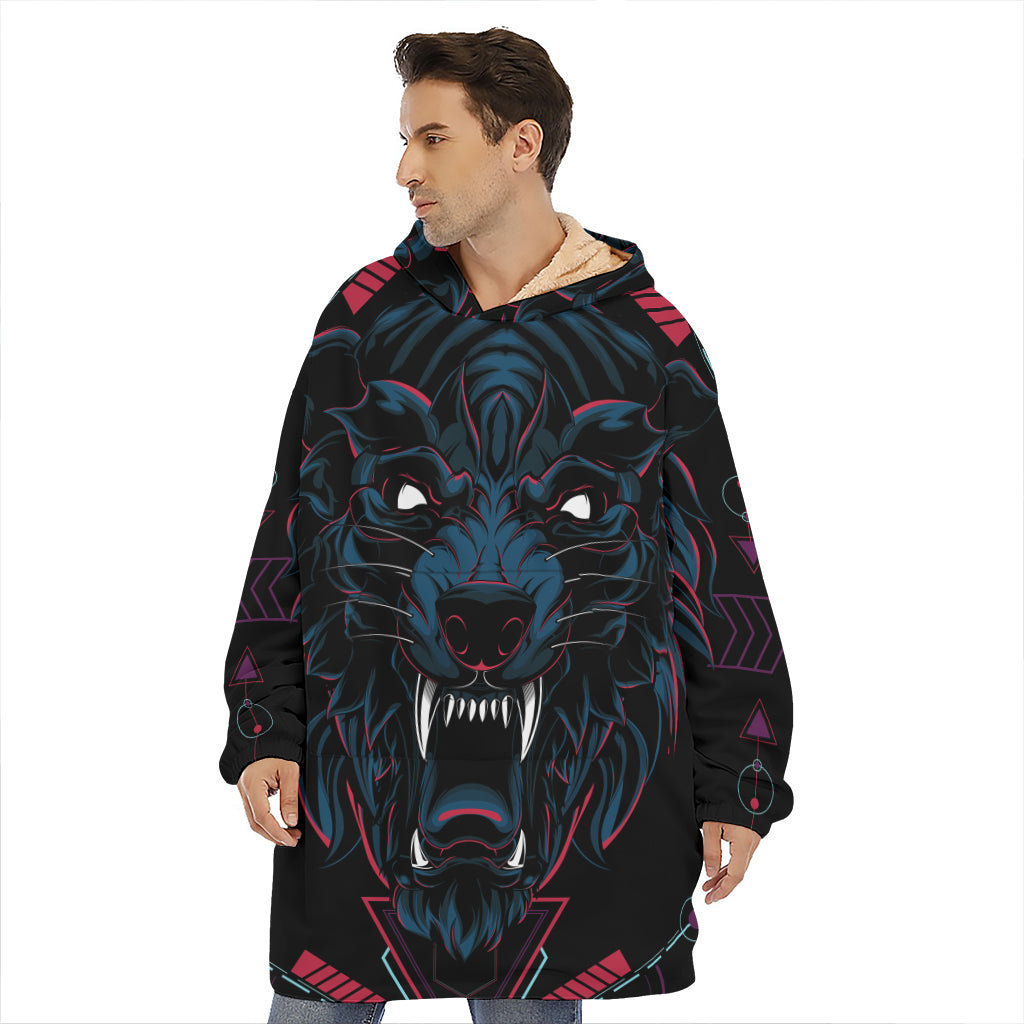Dark Geometric Wolf Print Hoodie Blanket