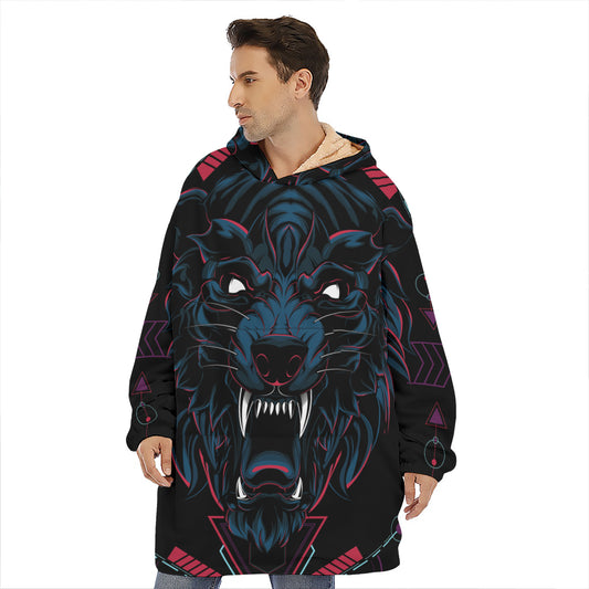 Dark Geometric Wolf Print Hoodie Blanket