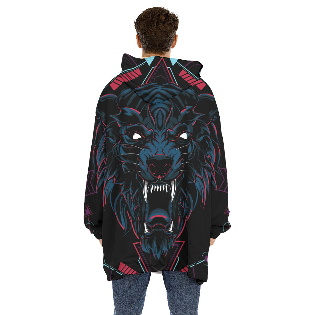 Dark Geometric Wolf Print Hoodie Blanket