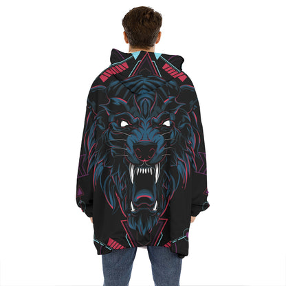 Dark Geometric Wolf Print Hoodie Blanket