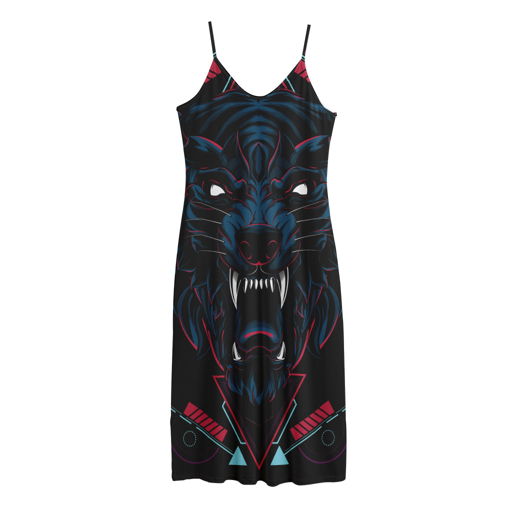 Dark Geometric Wolf Print Jersey Midi Cami Dress