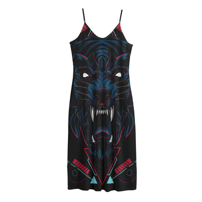 Dark Geometric Wolf Print Jersey Midi Cami Dress