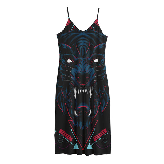 Dark Geometric Wolf Print Jersey Midi Cami Dress