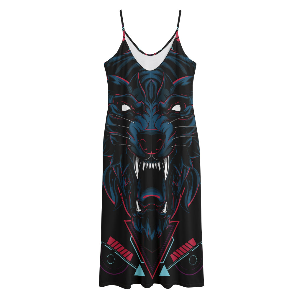 Dark Geometric Wolf Print Jersey Midi Cami Dress
