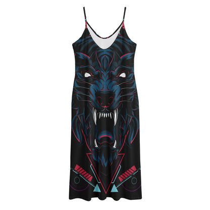 Dark Geometric Wolf Print Jersey Midi Cami Dress