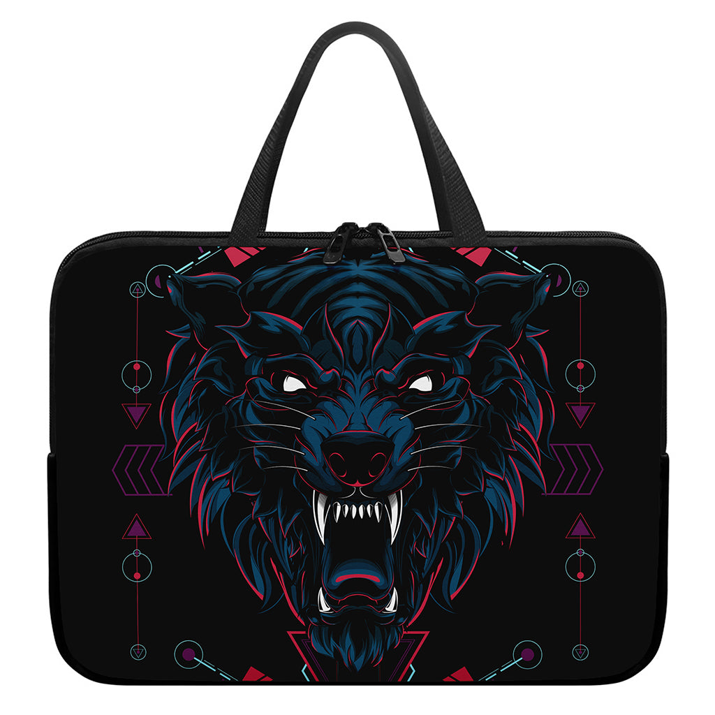 Dark Geometric Wolf Print Laptop Sleeve With Handle
