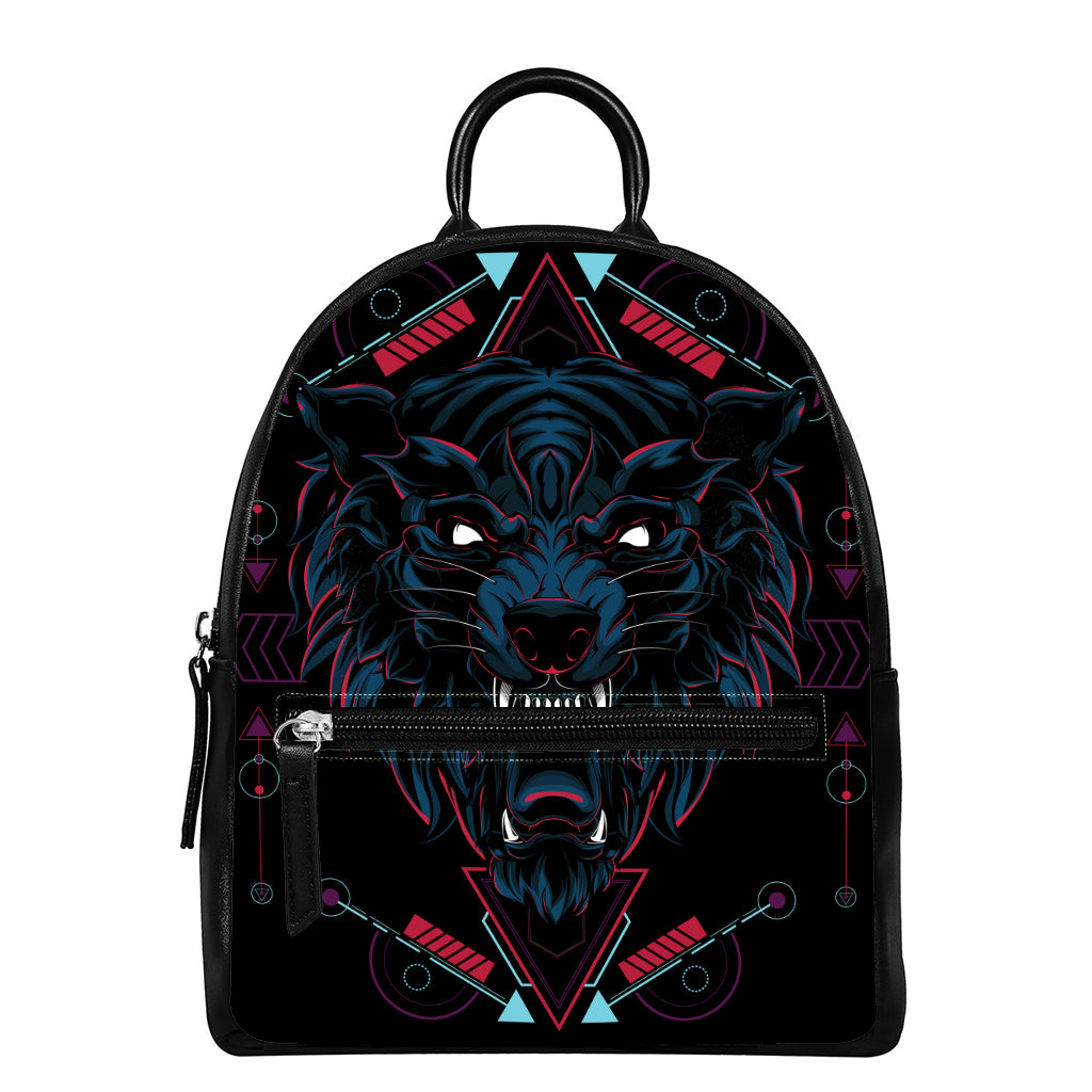 Dark Geometric Wolf Print Leather Backpack