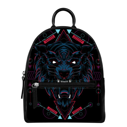 Dark Geometric Wolf Print Leather Backpack