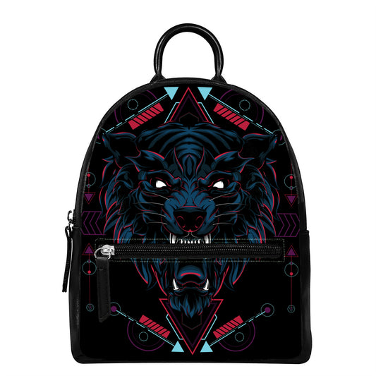 Dark Geometric Wolf Print Leather Backpack