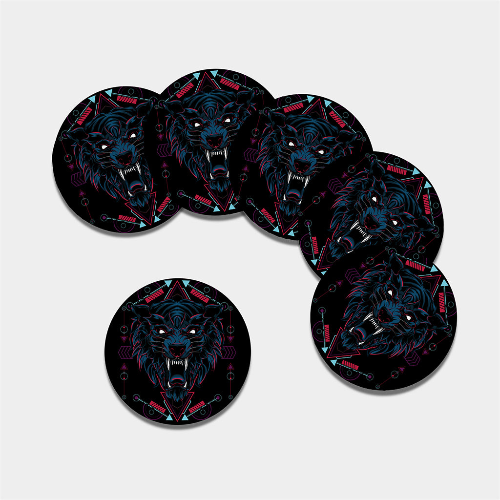 Dark Geometric Wolf Print Leather Coaster Set