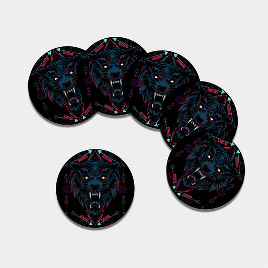 Dark Geometric Wolf Print Leather Coaster Set