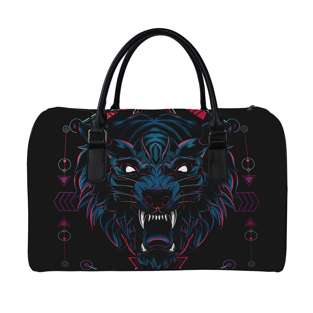 Dark Geometric Wolf Print Leather Duffle Bag