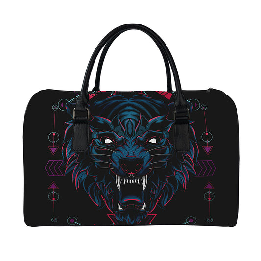 Dark Geometric Wolf Print Leather Duffle Bag