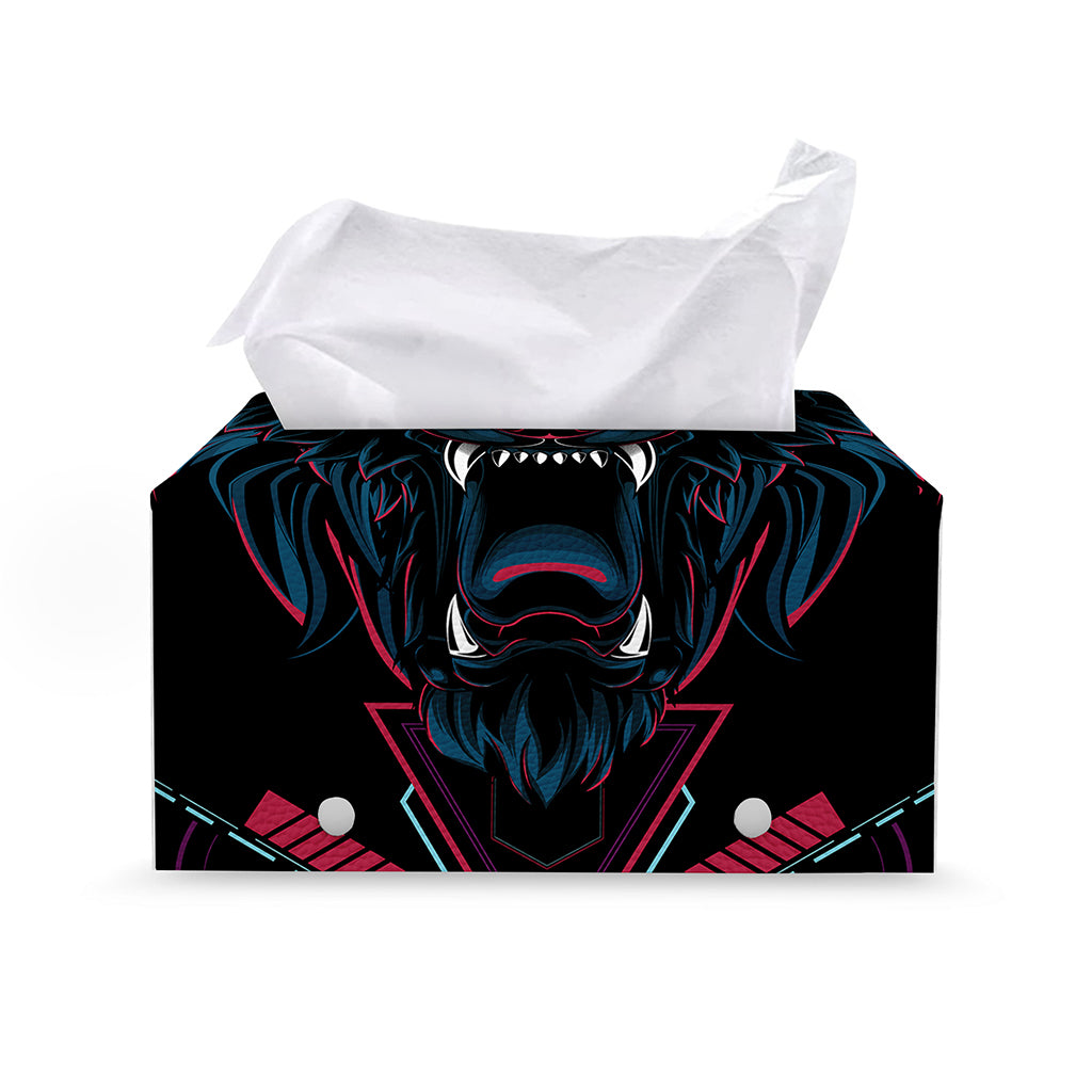 Dark Geometric Wolf Print Leather Tissue Box Cover