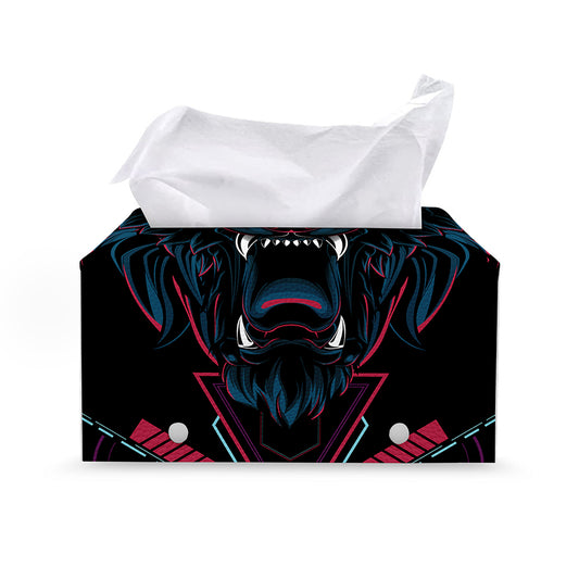 Dark Geometric Wolf Print Leather Tissue Box Cover