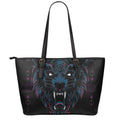 Dark Geometric Wolf Print Leather Tote Bag With Zipper
