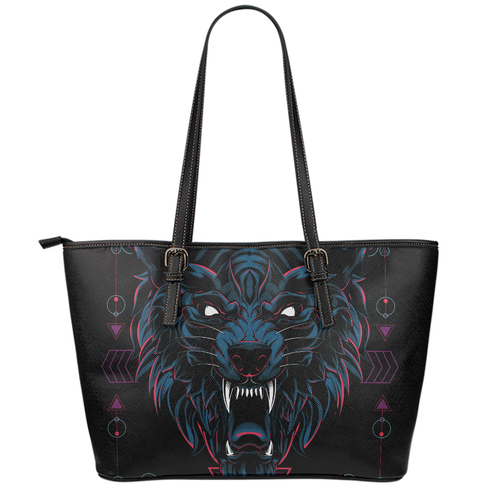 Dark Geometric Wolf Print Leather Tote Bag
