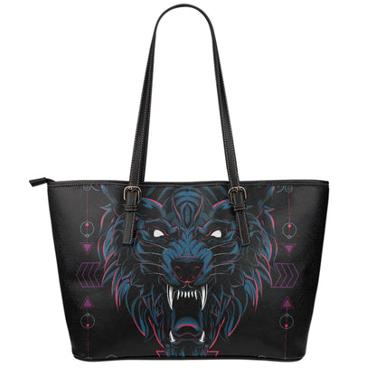 Dark Geometric Wolf Print Leather Tote Bag