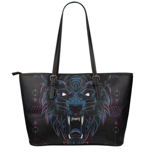 Dark Geometric Wolf Print Leather Tote Bag