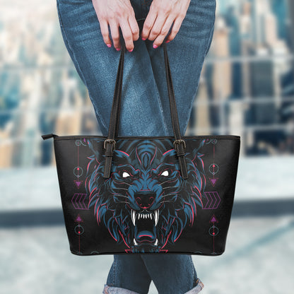 Dark Geometric Wolf Print Leather Tote Bag