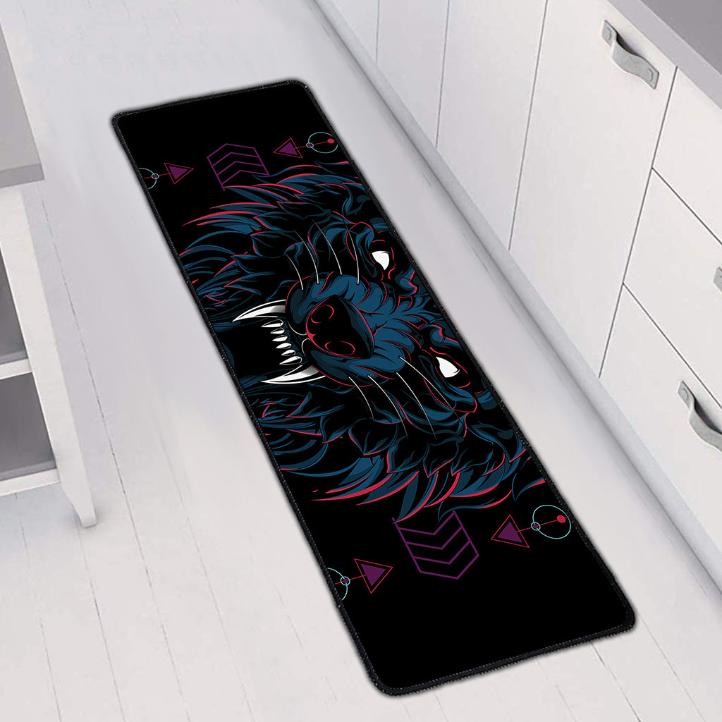 Dark Geometric Wolf Print Long Kitchen Mat