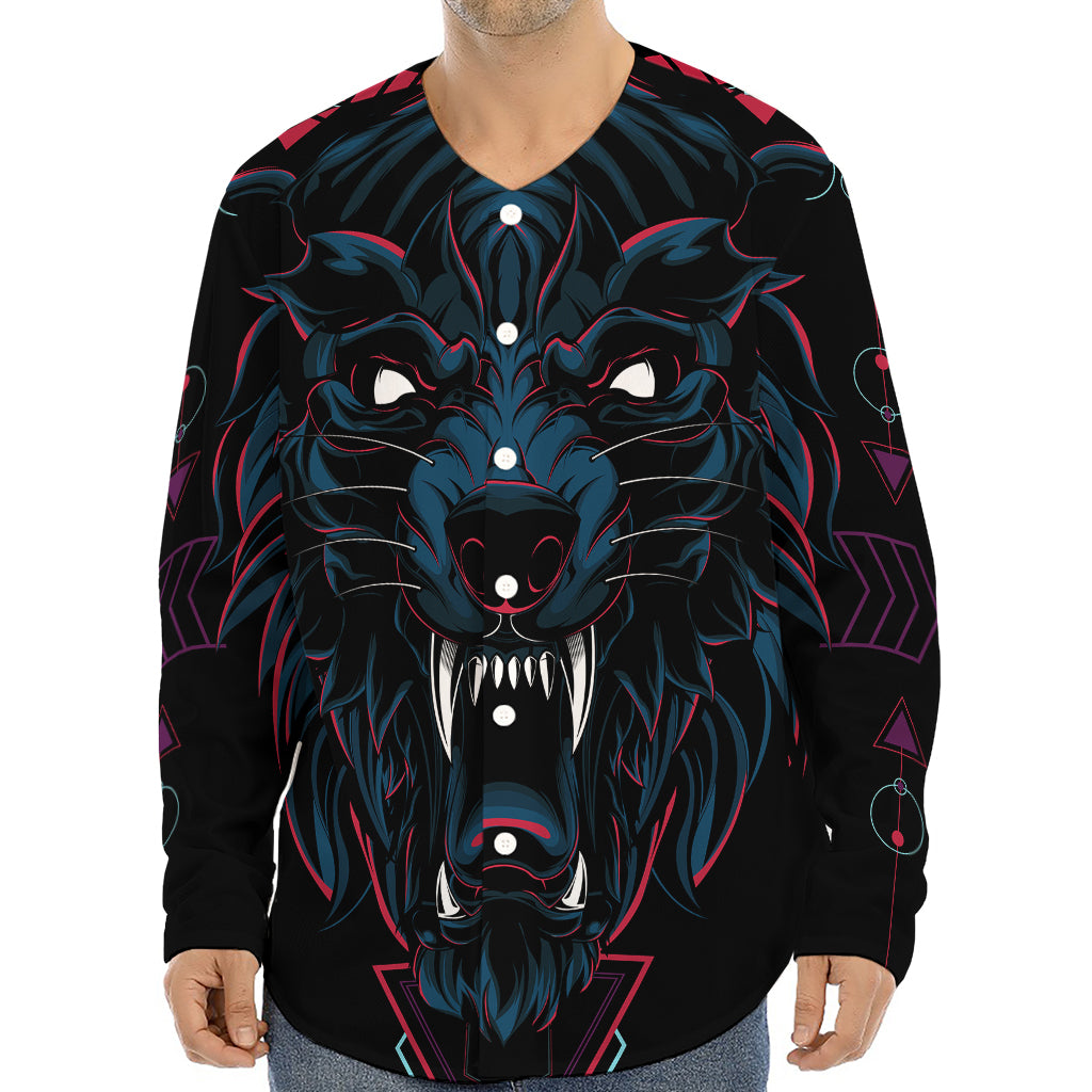 Dark Geometric Wolf Print Long Sleeve Baseball Jersey