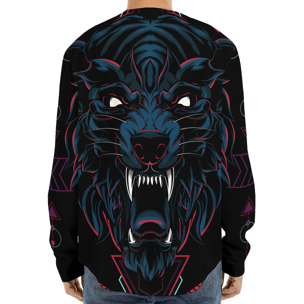 Dark Geometric Wolf Print Long Sleeve Baseball Jersey
