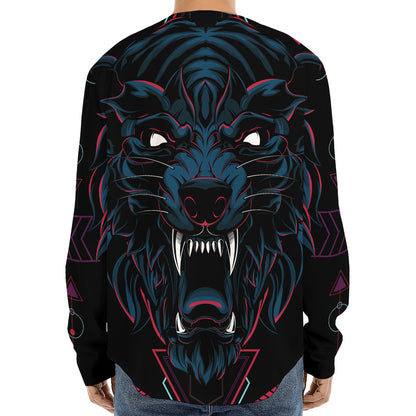 Dark Geometric Wolf Print Long Sleeve Baseball Jersey