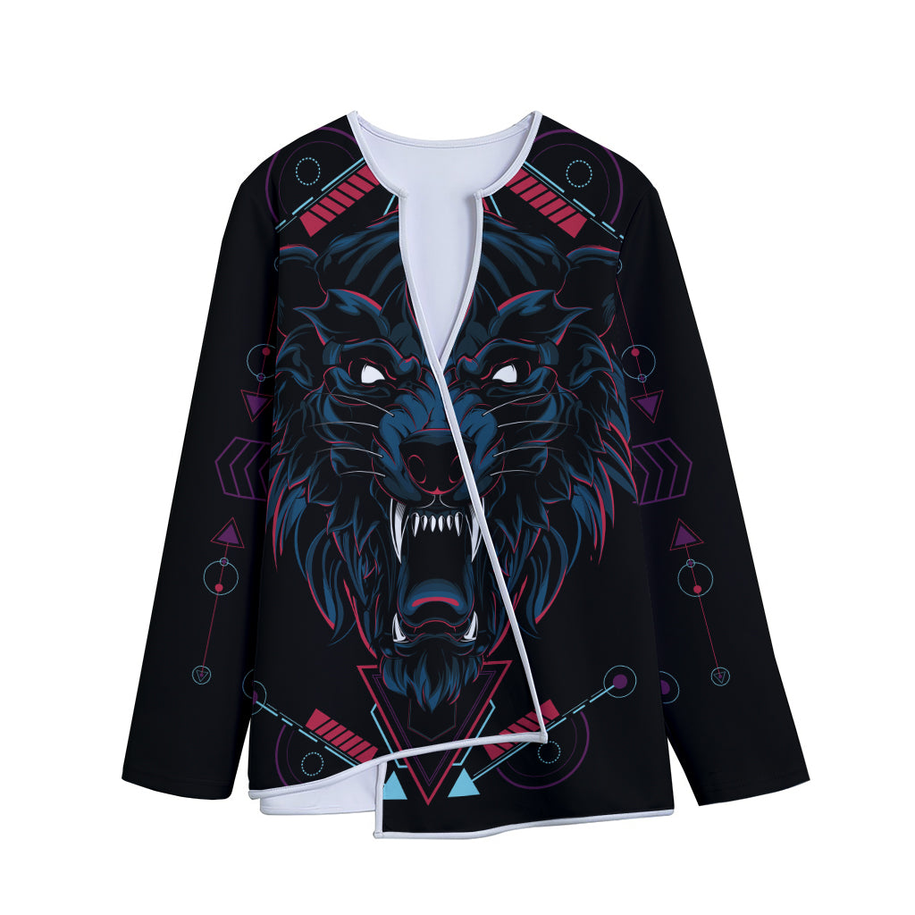 Dark Geometric Wolf Print Long Sleeve Short Coat